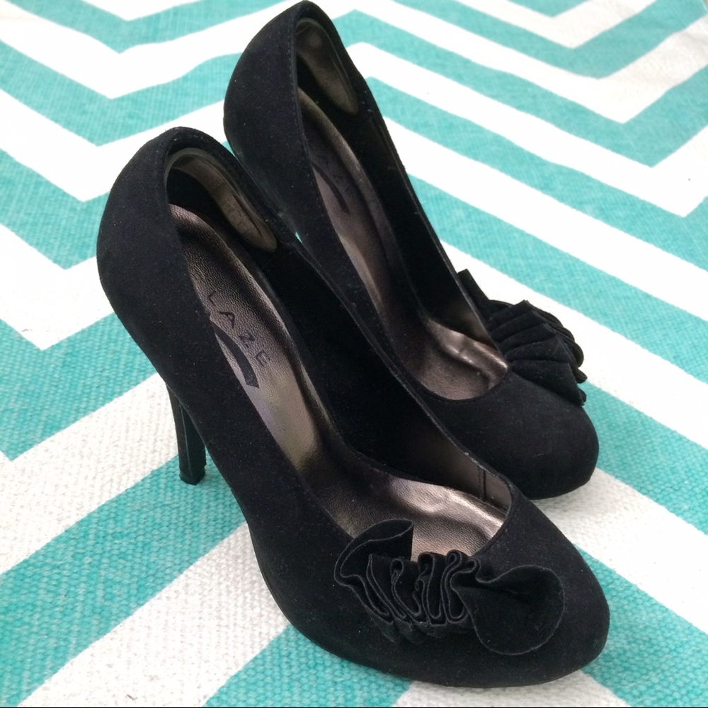 Black suede ruffle heels