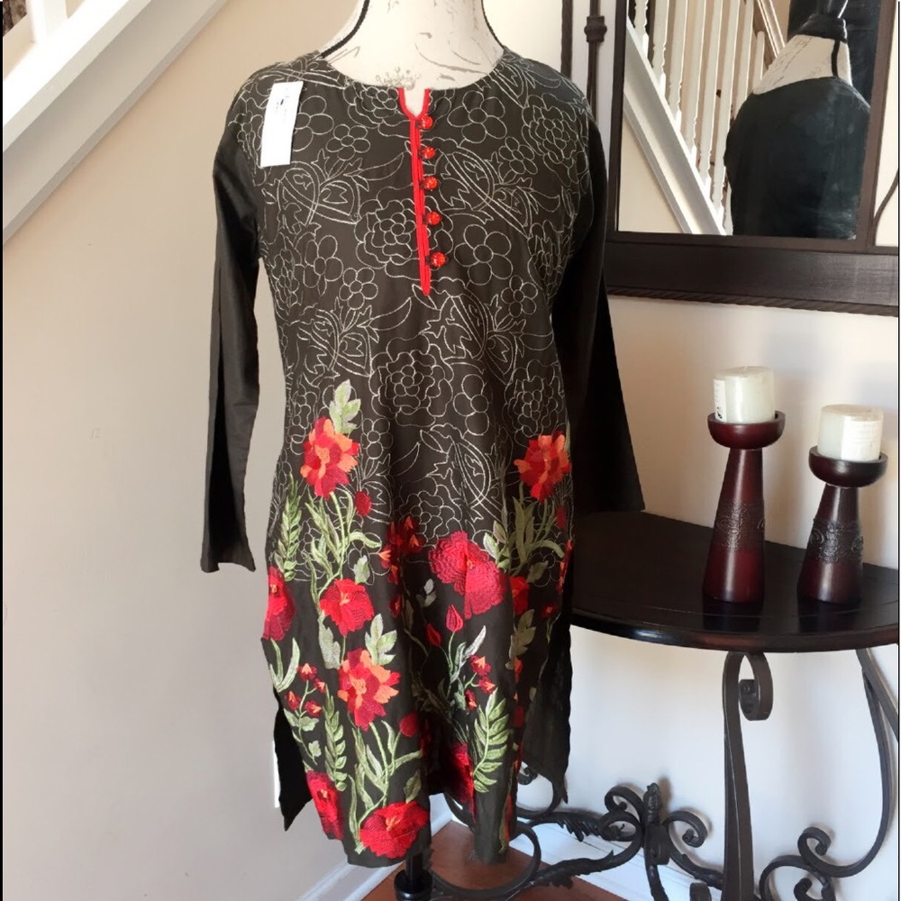 Black Embroidered Cotton Tunic Top Blouse