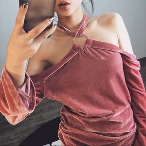 Pink Velvet Off Shoulder Custom Made Top+Pants