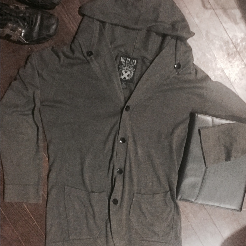🆕 MG BLACK heathered charcoal hooded cardigan XL