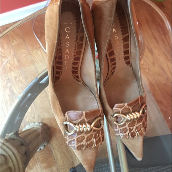 Casadei Shoes - Casadei Suede pump w/gold hardware and croc accent