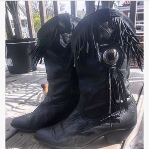 Vintage black fringe cowboy boots biker