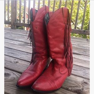 Vintage red fringe cowboy boots. Moto babe
