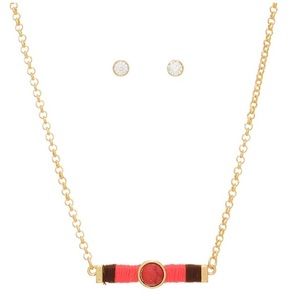 🍄Gold Tone Red/Coral & BrownThreaded Bar Necklace Set