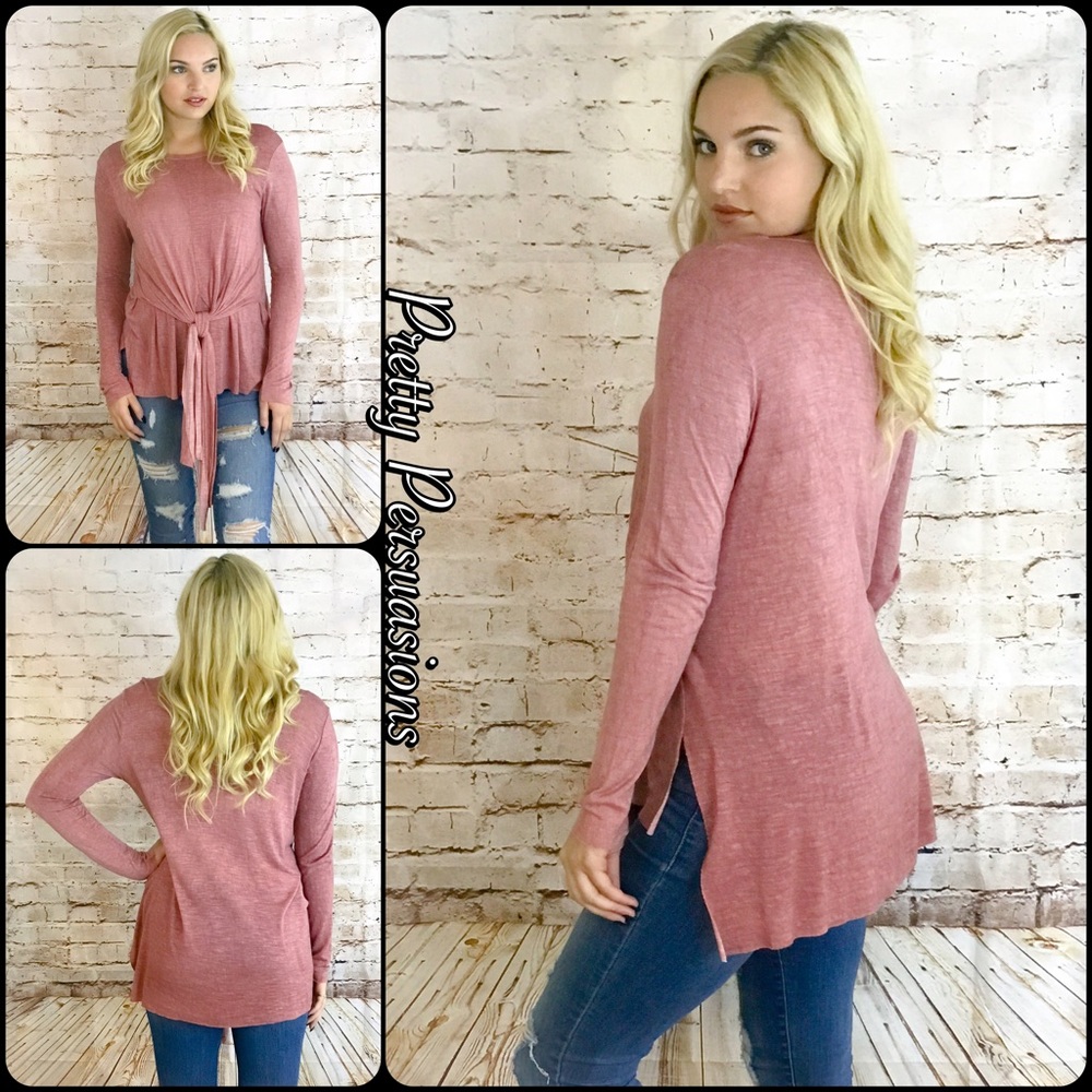 Mauve Tie Front Relaxed Long Sleeve Top - Picture 2 of 4