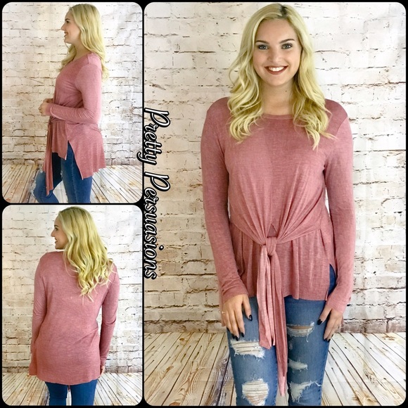 Pretty Persuasions Tops - Mauve Tie Front Relaxed Long Sleeve Top