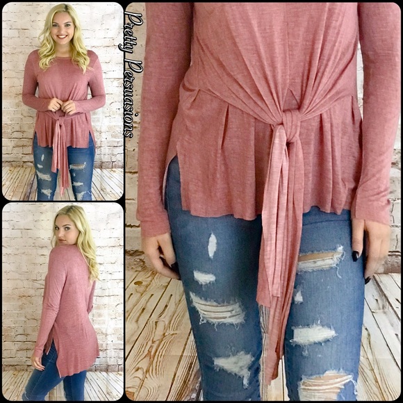 Mauve Tie Front Relaxed Long Sleeve Top - Picture 4 of 4
