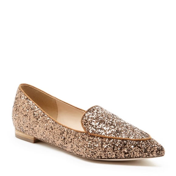 Sole Society Shoes - Pointed glitter loafer flats in Bronze Rose Gold