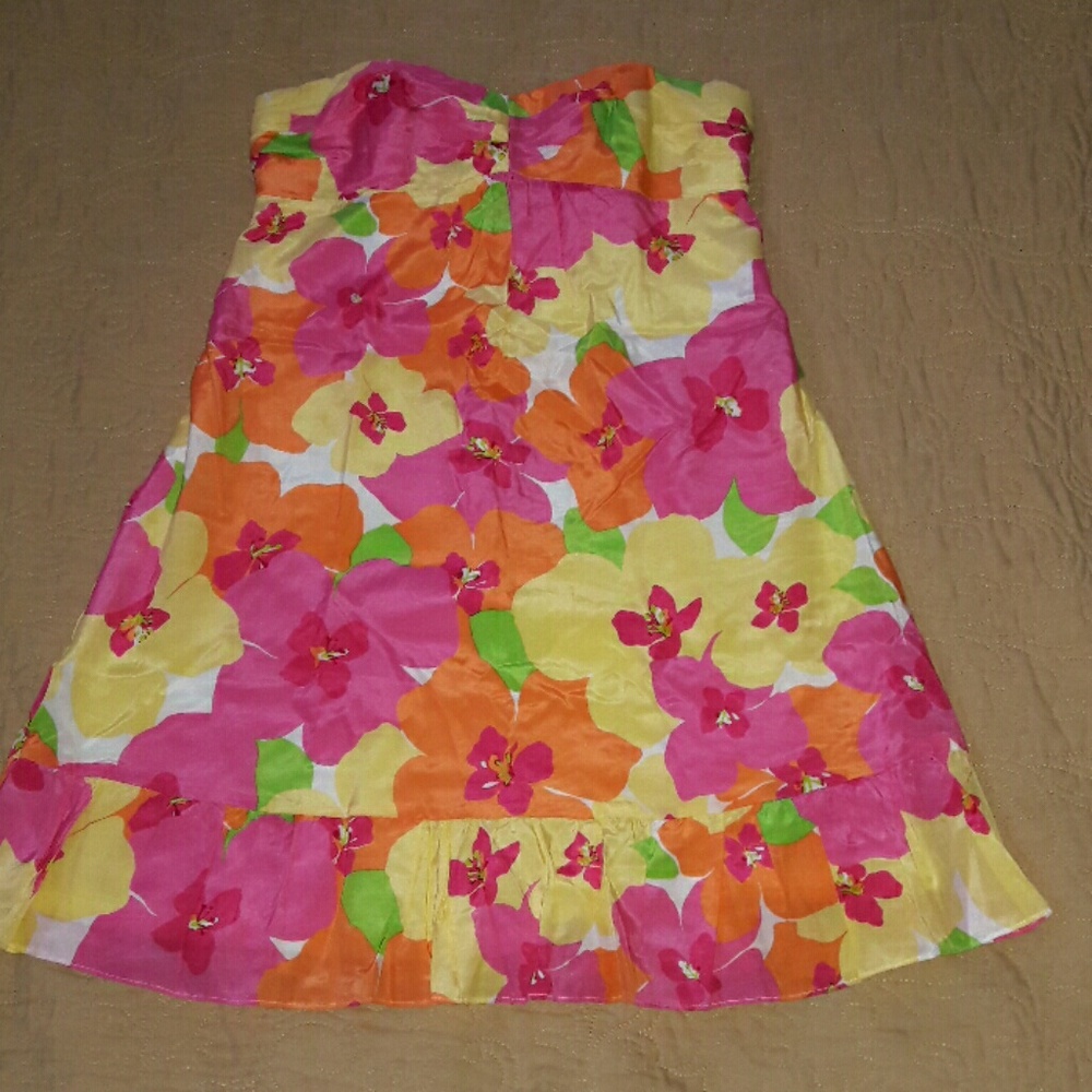Strapless Summer Hot Pink Yellow Lilly Pulitzer Silk Dress 2 Vintage Print - Picture 2 of 6