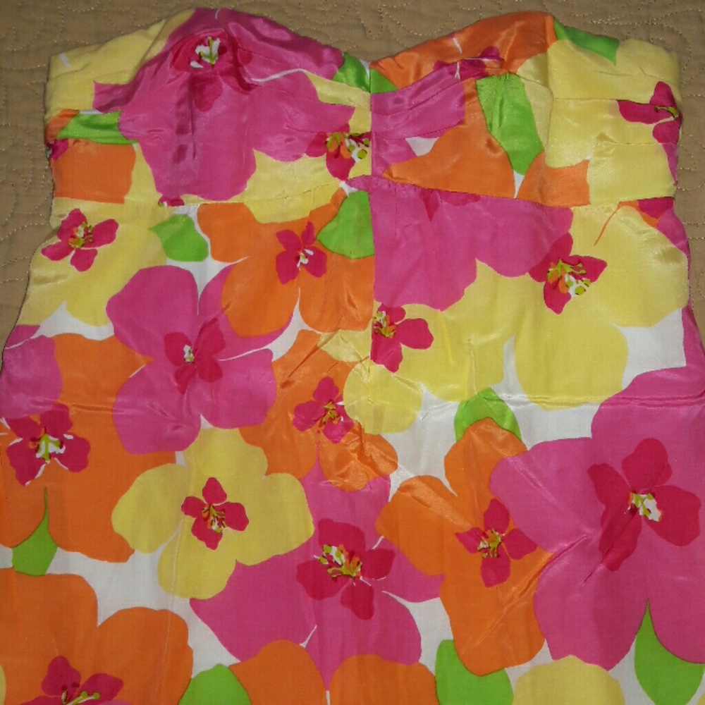 Strapless Summer Hot Pink Yellow Lilly Pulitzer Silk Dress 2 Vintage Print - Picture 3 of 6