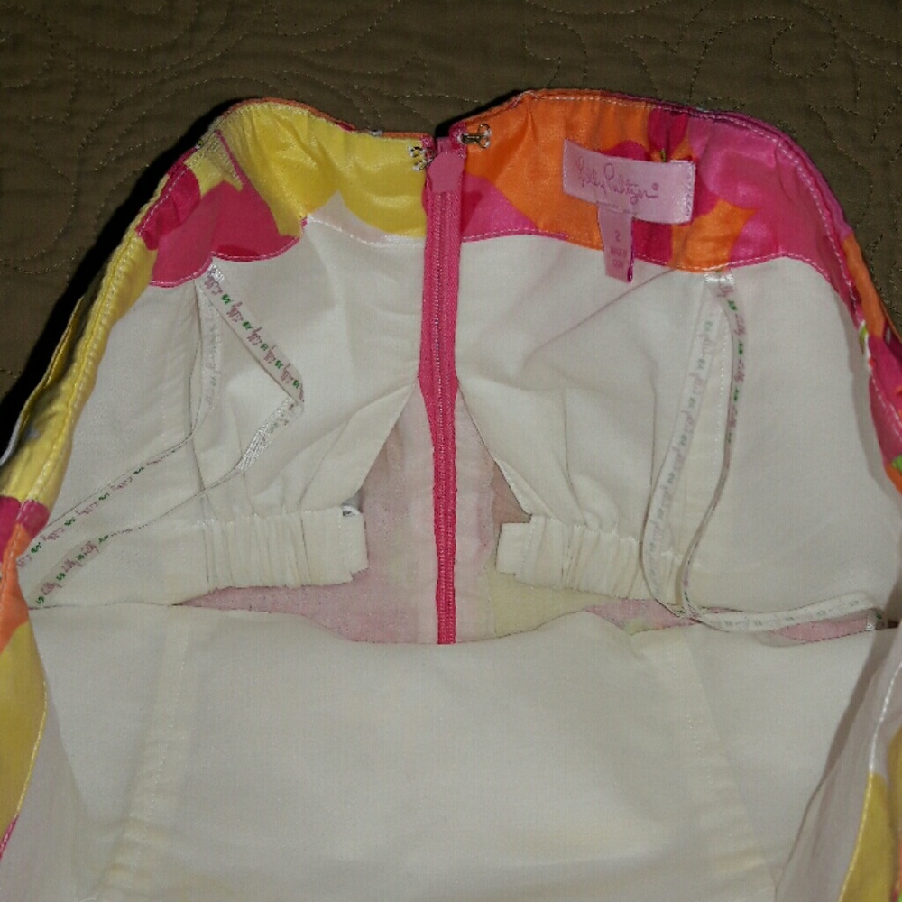 Strapless Summer Hot Pink Yellow Lilly Pulitzer Silk Dress 2 Vintage Print - Picture 4 of 6