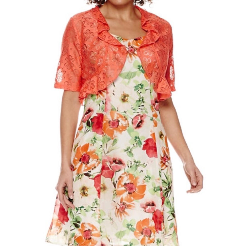 14 Petite R&K Elbow-Sleeve Ruffled Jacket Dress - Picture 2 of 3