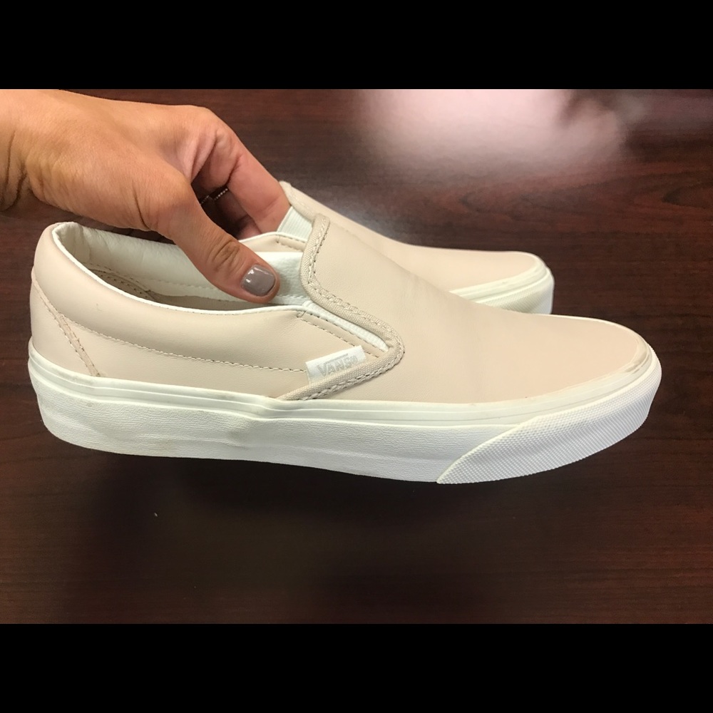 Women Light Pink Nude Vans Slip On Shoes - Leather