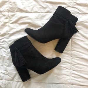Black heeled Pom Pom booties