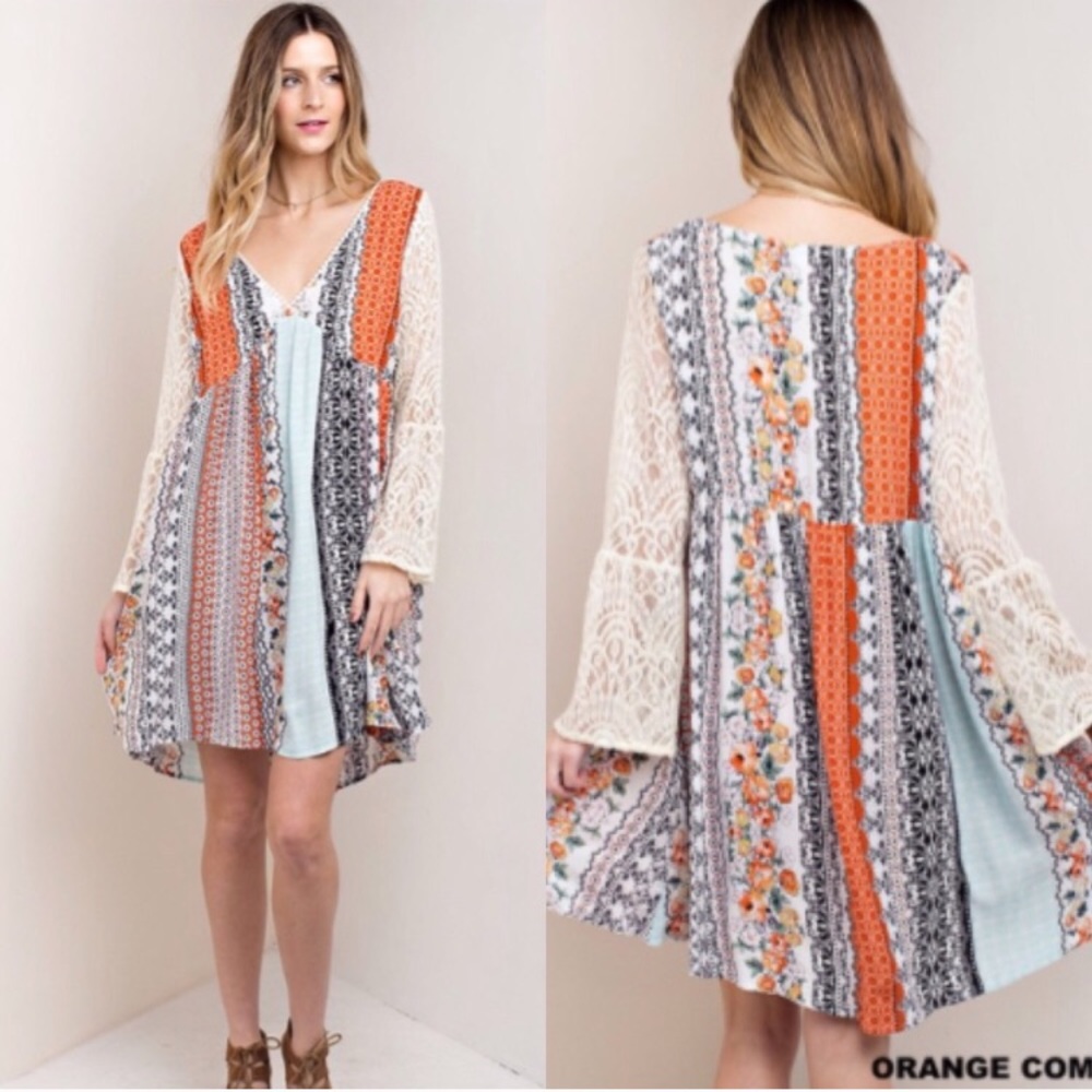 🌺S-XXXL🌺 Patchwork Printed Lace Sleeves Dress