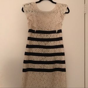 BCBG white lace and black stripped dress