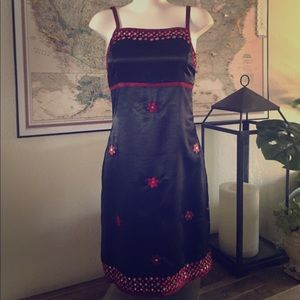 Black satin embroidered cocktail dress
