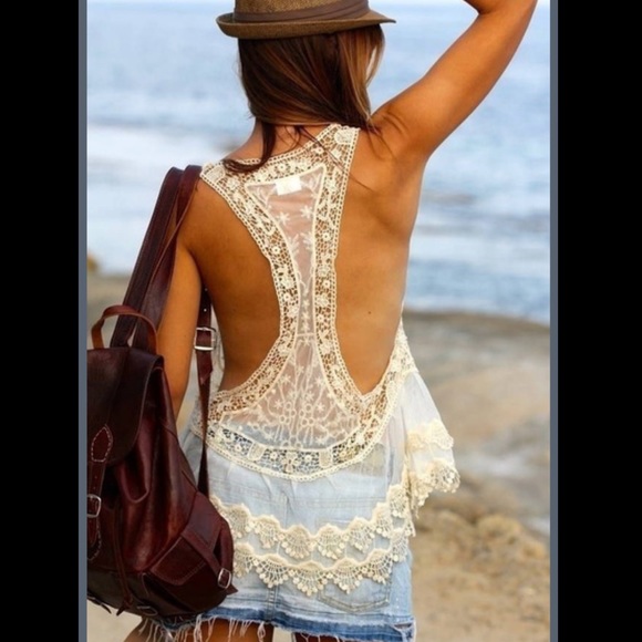 🎉HP🎉Bohemian Crochet Lace White Top Hippie Gypsy - Picture 3 of 7