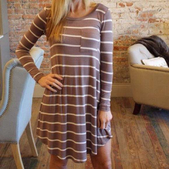 Reborn Dresses & Skirts - Taupe Stripe Long Sleeve Tee Dress