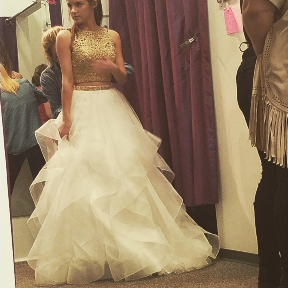 Two Piece Ellie Wilde white & gold prom dress