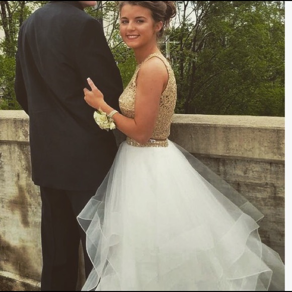 Two Piece Ellie Wilde white & gold prom dress - Picture 2 of 3