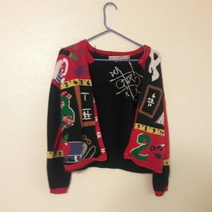 Vintage school themed button sweater very colorful