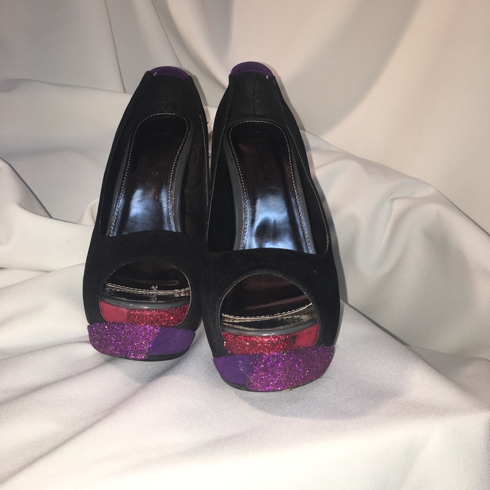 Custom platform Swarovski peep toe glitter heels