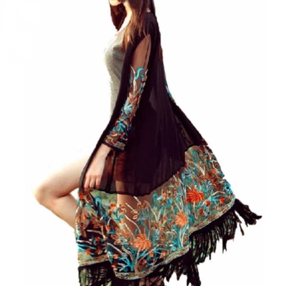 Long Floral Vintage Embroidery Boho Fringe Kimono - Picture 1 of 7