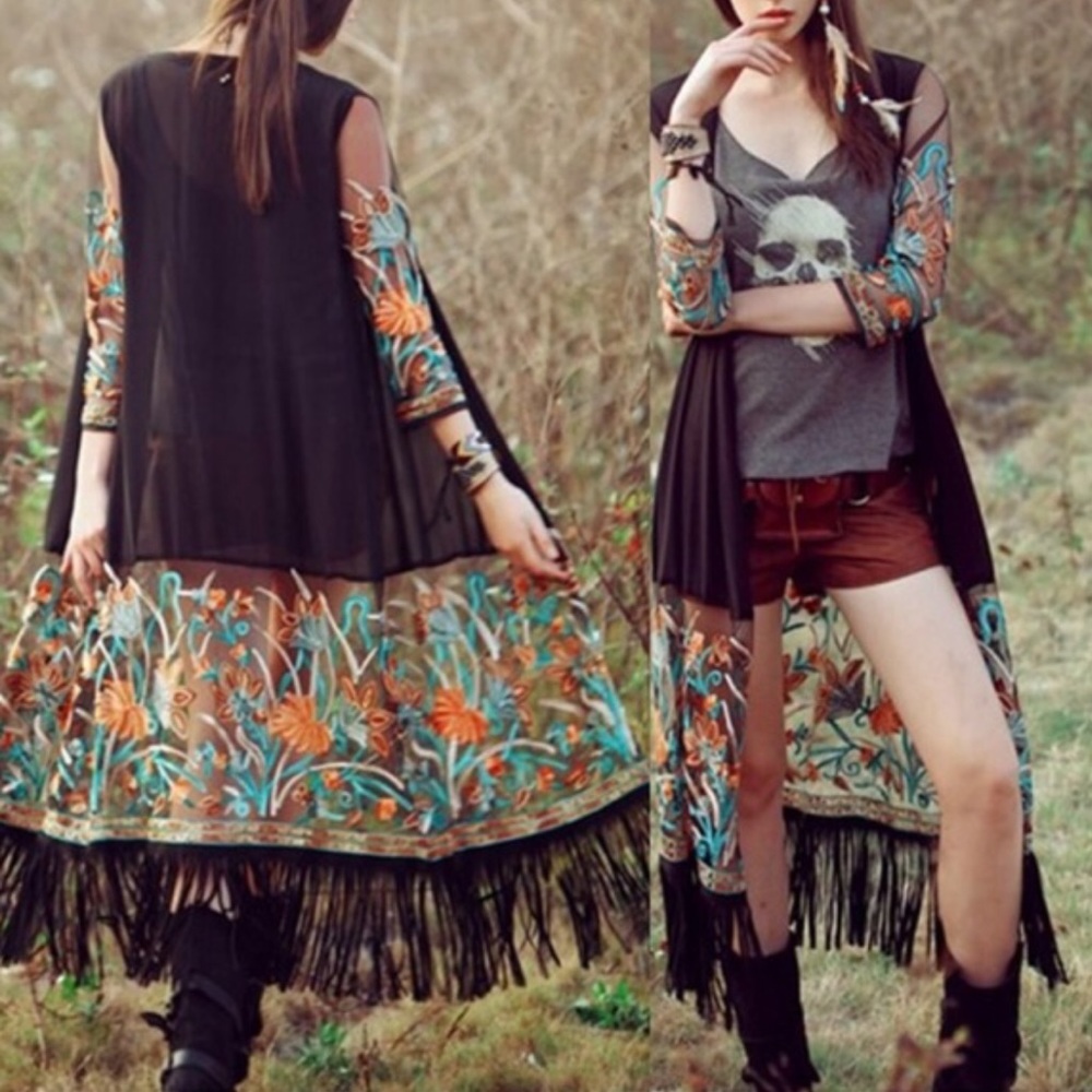 Long Floral Vintage Embroidery Boho Fringe Kimono - Picture 2 of 7