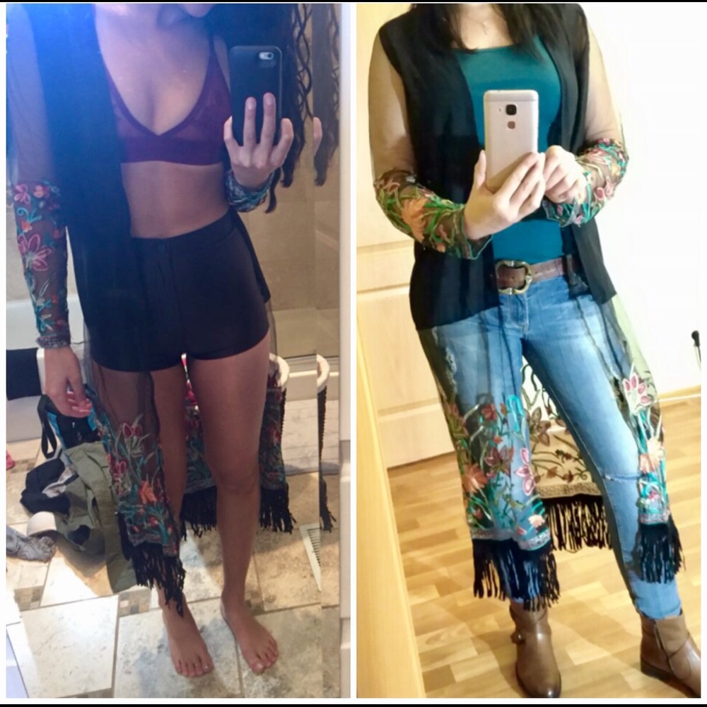 Long Floral Vintage Embroidery Boho Fringe Kimono - Picture 5 of 7