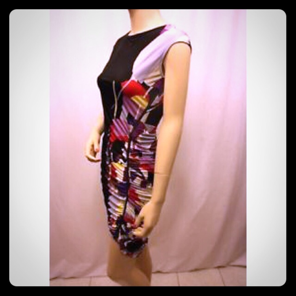 BCBGMAXAZRIA MULTI COLOR SHIRRED SIDE ZIP  DRESS
