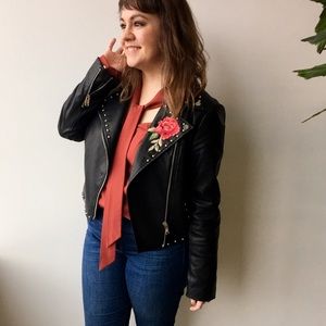 Forever 21 Jackets & Coats - Floral Embroidery Patch Faux Leather Moto Jacket Forever 21 Jackets & Coats - Floral Embroidery Patch Faux Leather Moto Jacket