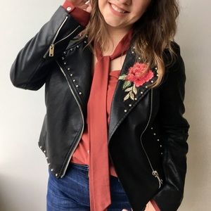 Forever 21 Jackets & Coats - Floral Embroidery Patch Faux Leather Moto Jacket Forever 21 Jackets & Coats - Floral Embroidery Patch Faux Leather Moto Jacket