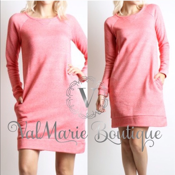 Sweatshirt Dress with Pockets - Coral - Picture 2 of 3
