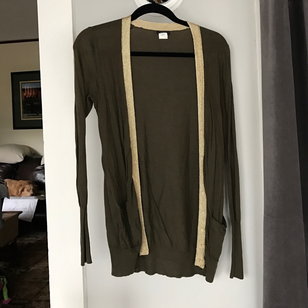 jcrew olive green sweater with gold lining