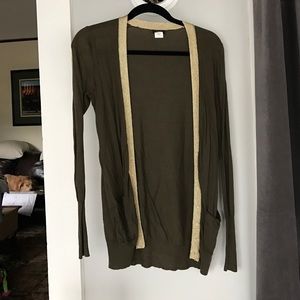 jcrew olive green sweater with gold lining