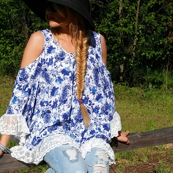 Tops - BOHO BLUES FLORAL COLD SHOULDER TOP