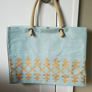 Sky blue and gold Moroccan design jute tote