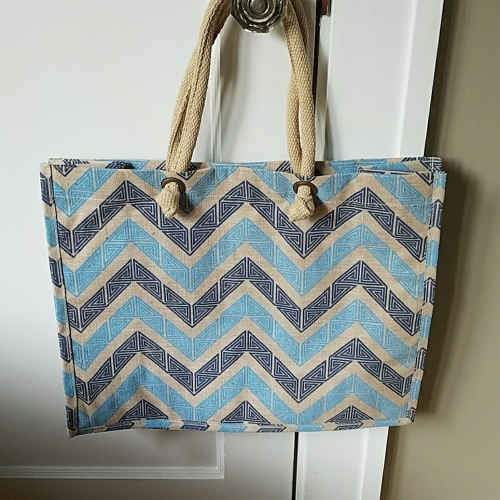 Navy, light blue and natural jute bag