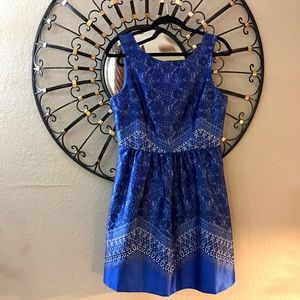 💎 Blue Lace Print Fit & Flare Dress