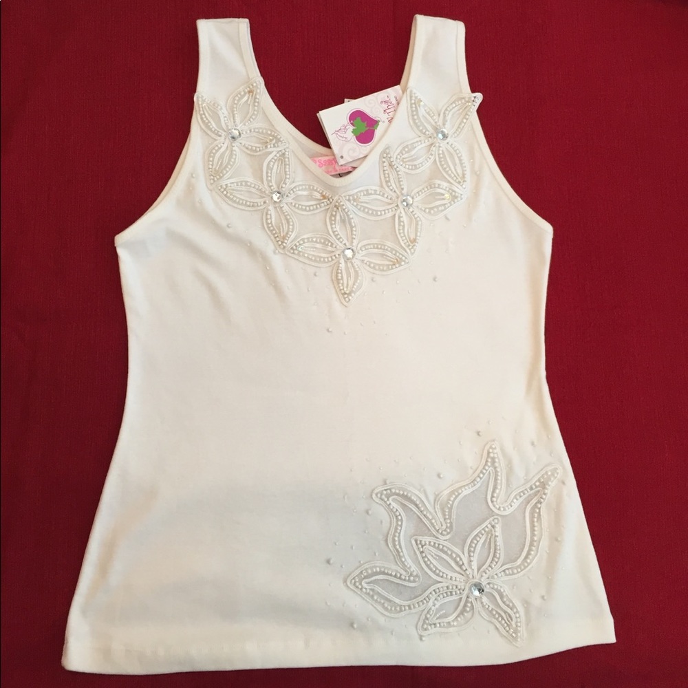 White tank top with flower detail and beading