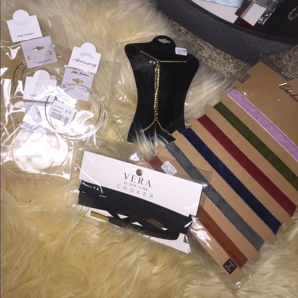 Bundle of 7 chokers, 3 earrings, and 1 body chain