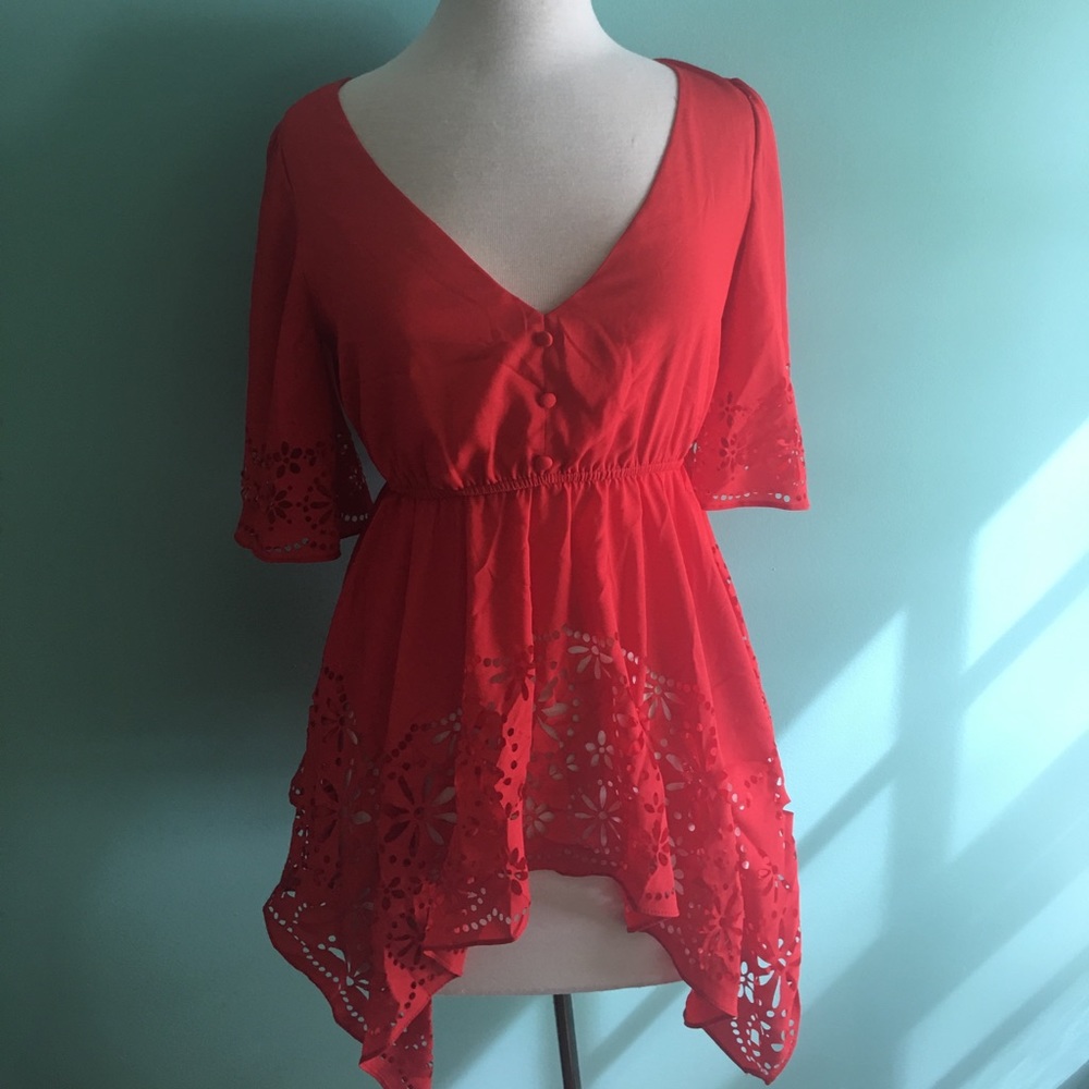 Arden B Coral Blouse with Eyelet Accents