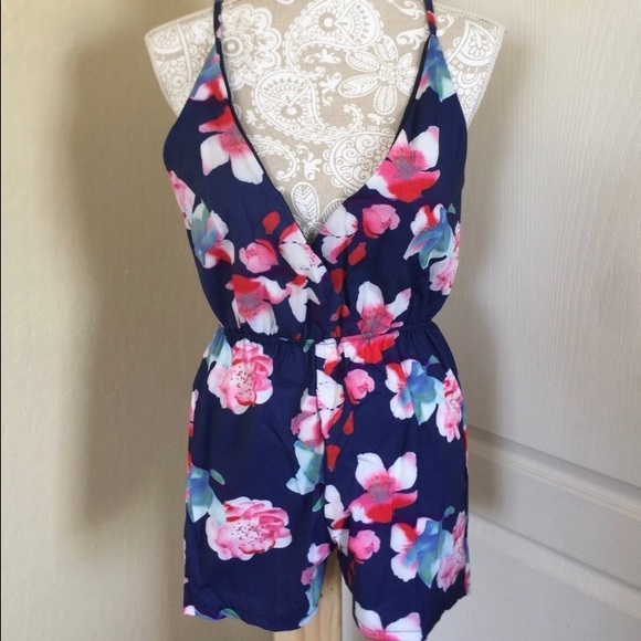 Blue floral plunging neckline romper - Picture 4 of 4