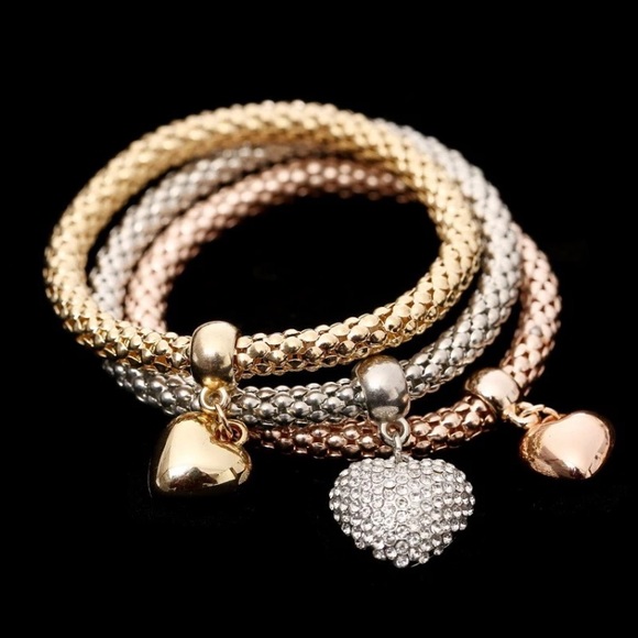 TRI TONE HEART BANGLE SET - Picture 1 of 3