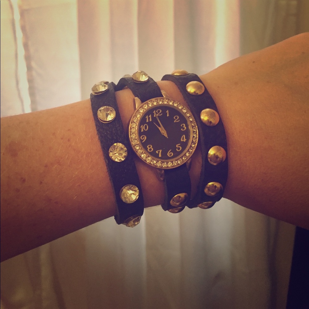 Rhinestone and gold studded wrap watch