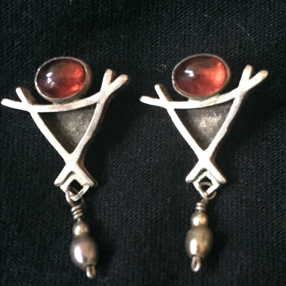 Sold Vintage Sterling & Cherry Amber Artisan Earrings
