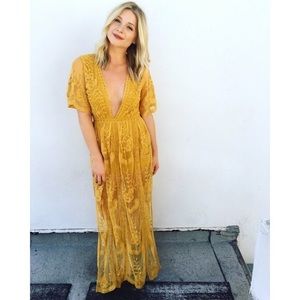 Honey punch mustard lace yellow maxi romper