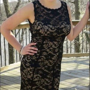 Sexy black lace dress with nude underlay