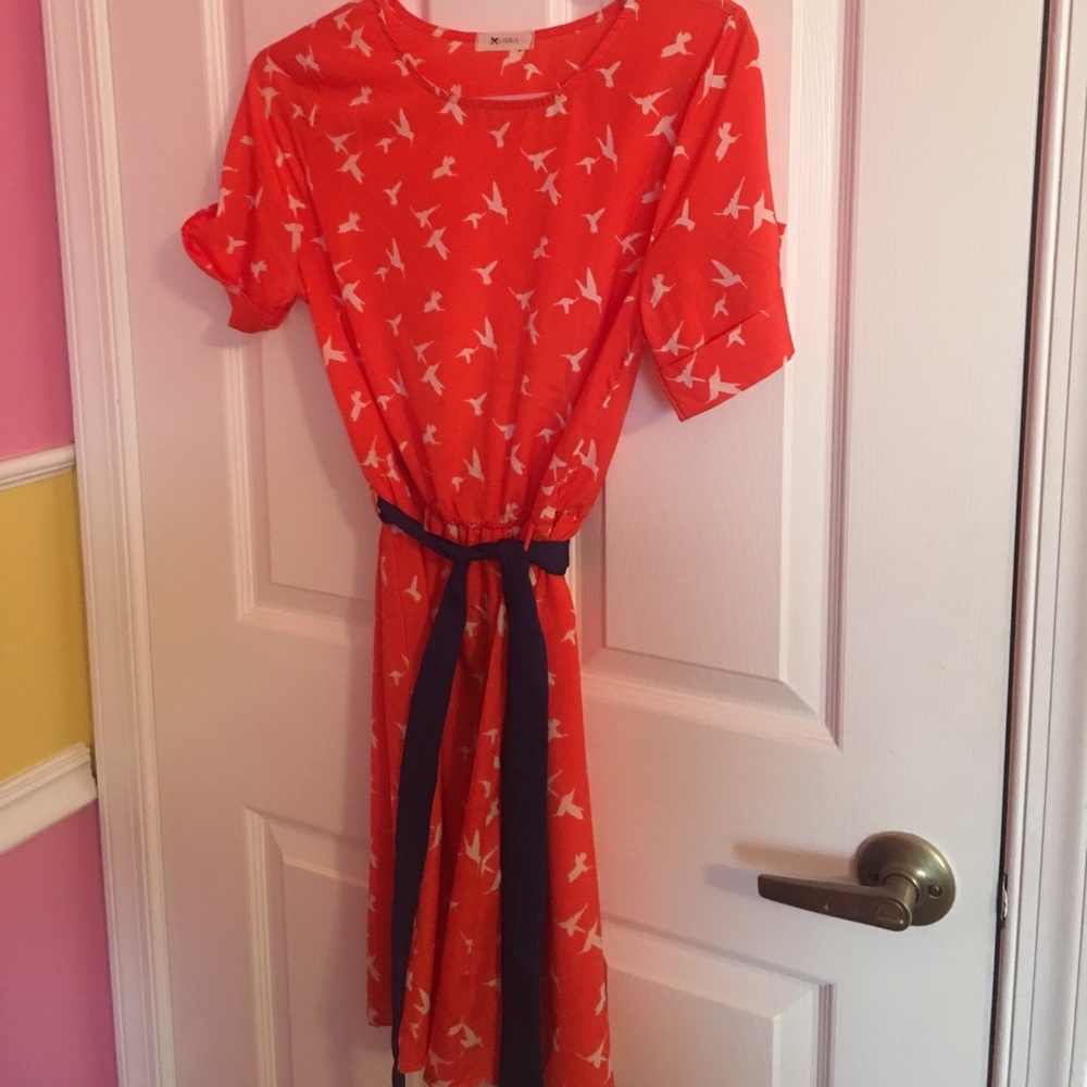ModCloth Orange Bird Dress with Blue Sash Small